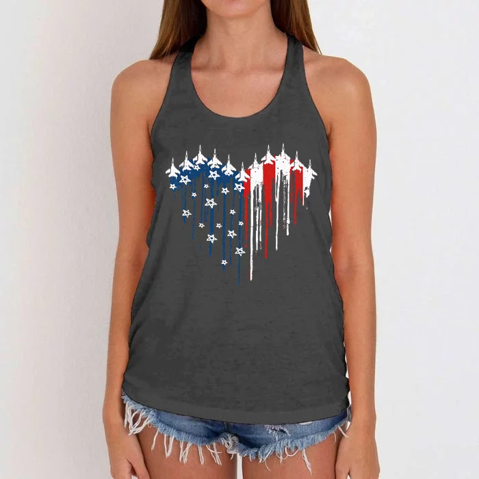 Fighter Jet Airplane American Flag Heart Women's Knotted Racerback Tank