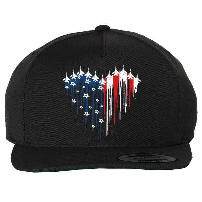 Fighter Jet Airplane American Flag Heart Wool Snapback Cap