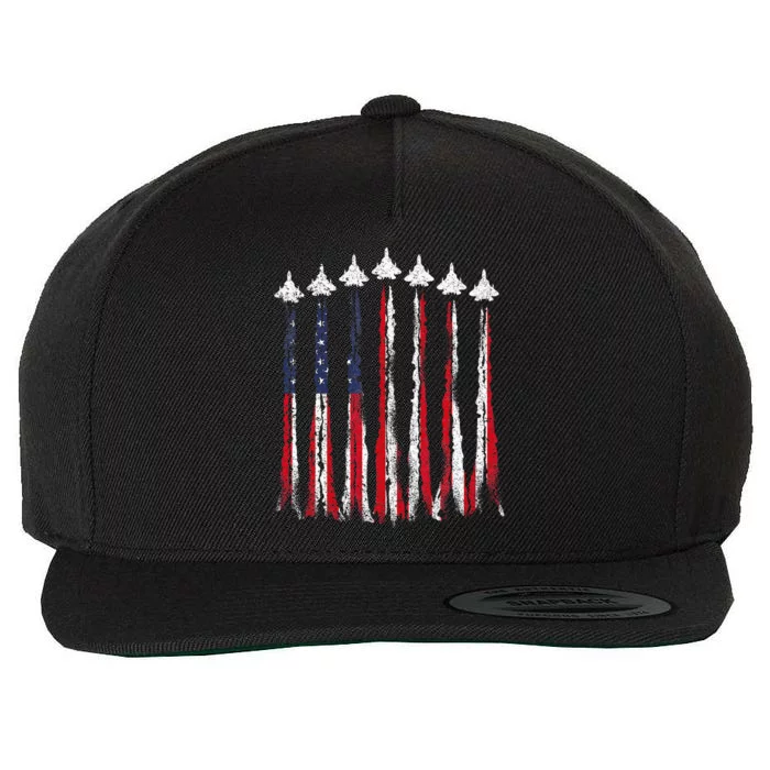 Fighter Jet Airplane USA Flag 4th Of July Patriotic Wool Snapback Cap