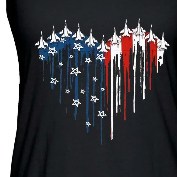 Fighter Jet Airplane American Flag Heart Ladies Essential Flowy Tank