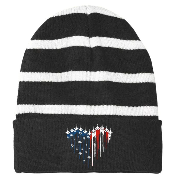 Fighter Jet Airplane American Flag Heart Striped Beanie with Solid Band