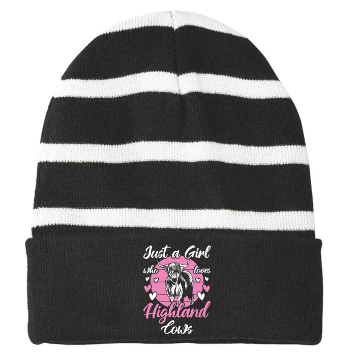 Funny Just A Who Loves Highland Cows animal Striped Beanie with Solid Band