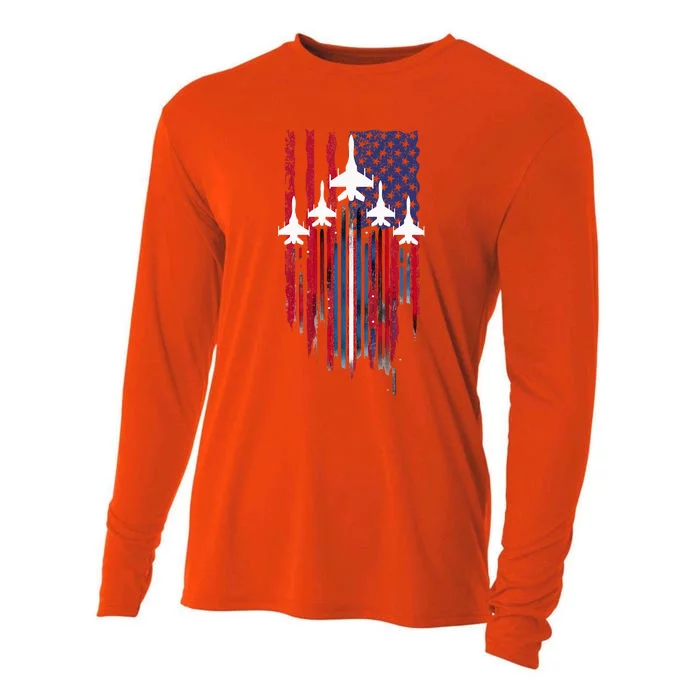 Fighter Jet Airplane American Flag Patriotic Cooling Performance Long Sleeve Crew