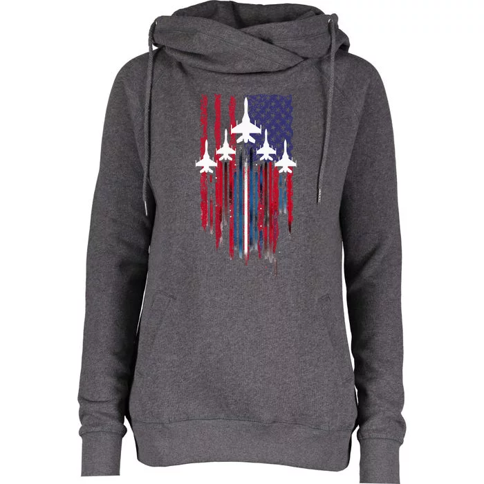 Fighter Jet Airplane American Flag Patriotic Womens Funnel Neck Pullover Hood