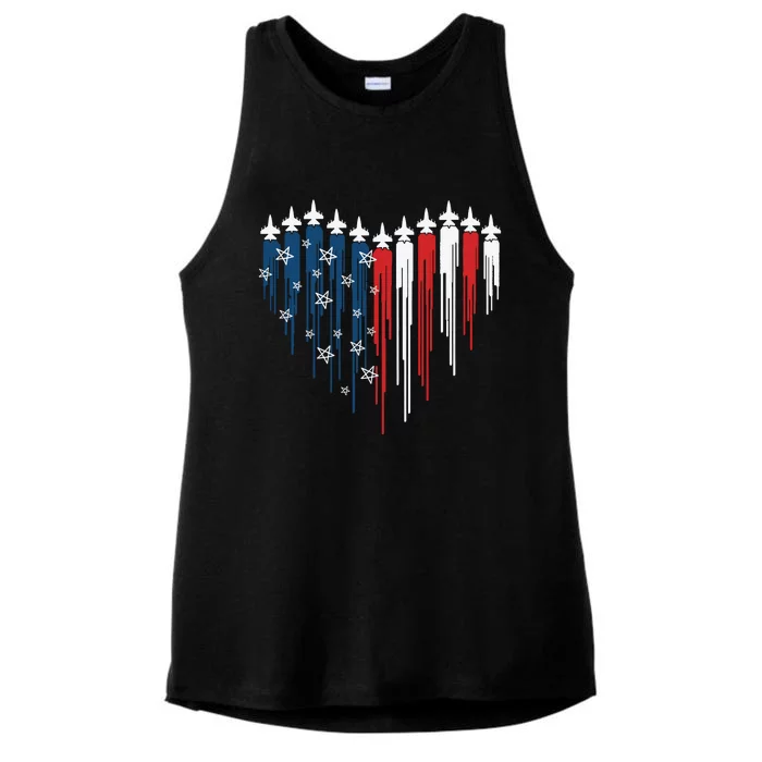 Fighter Jet Airplane American Flag Heart Ladies Tri-Blend Wicking Tank