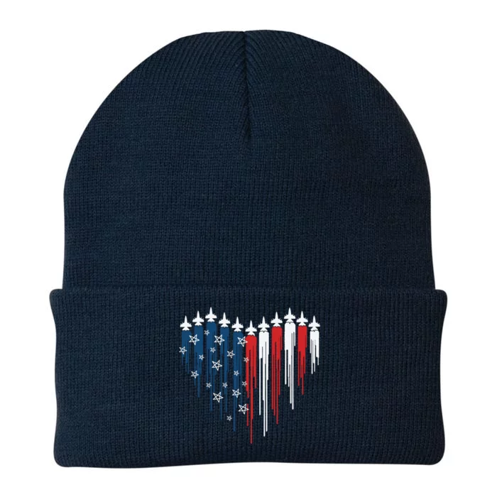 Fighter Jet Airplane American Flag Heart Knit Cap Winter Beanie