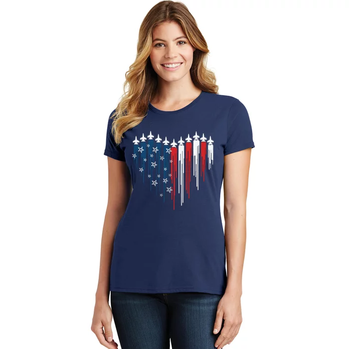 Fighter Jet Airplane American Flag Heart Women's T-Shirt