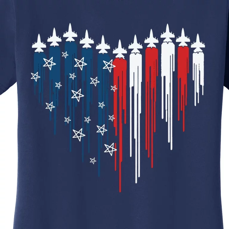 Fighter Jet Airplane American Flag Heart Women's T-Shirt