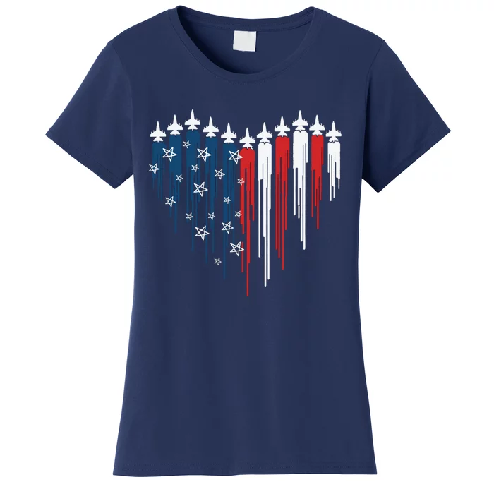 Fighter Jet Airplane American Flag Heart Women's T-Shirt