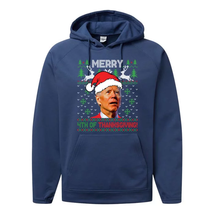 Funny Joe Biden Merry Thanksgiving Ugly Christmas Sweater Performance Fleece Hoodie