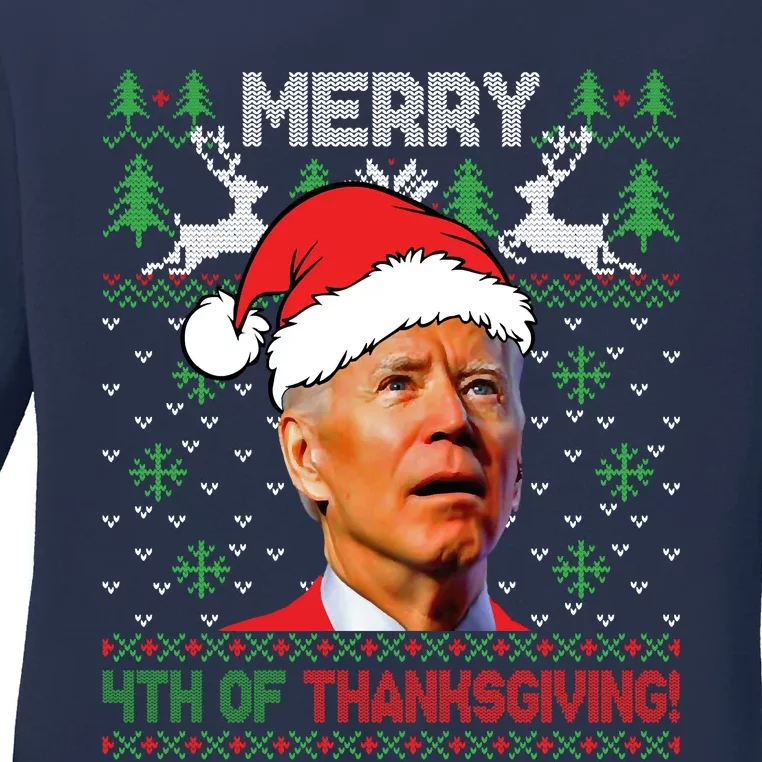 Funny Joe Biden Merry Thanksgiving Ugly Christmas Sweater Ladies Long Sleeve Shirt