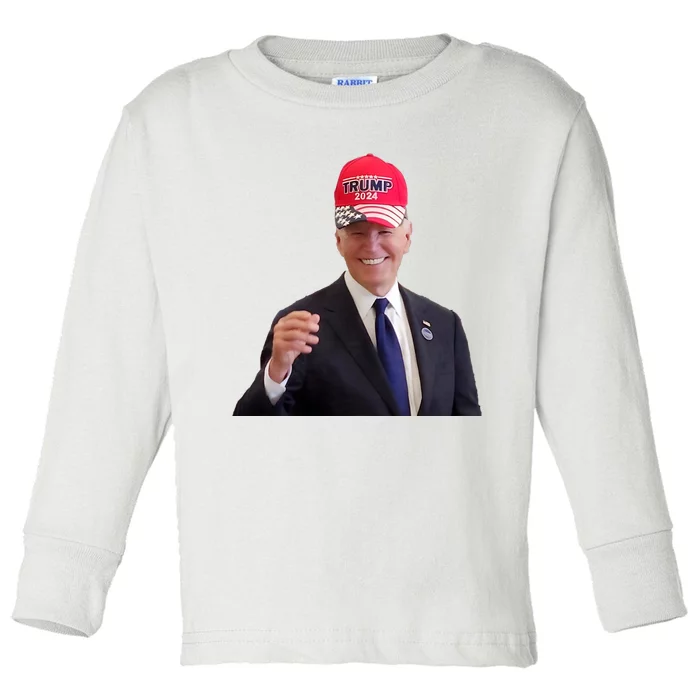 Funny Joe Biden Dons Trump 2024 Cap Wear A Trump Hat Toddler Long Sleeve Shirt