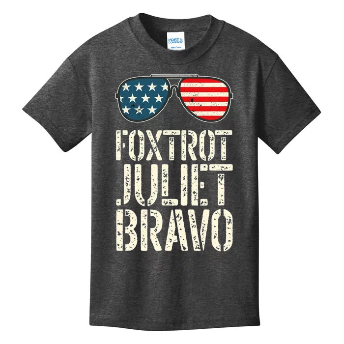 Foxtrot Juliet Bravo Funny Pro America US Flag Sunglasses Kids T-Shirt