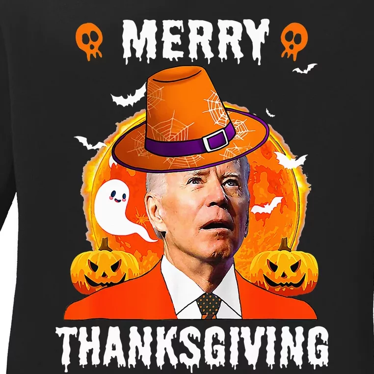 Funny Joe Biden Confused Merry Thanksgiving For Halloween Ladies Long Sleeve Shirt