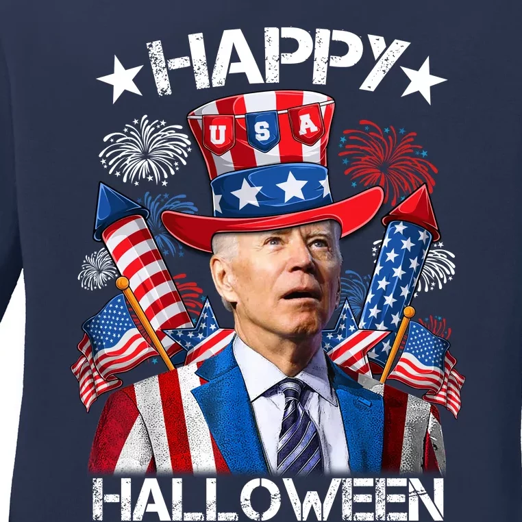 Funny Joe Biden 4th Of July Happy Halloween Firework Ladies Long Sleeve Shirt