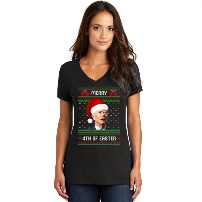 Funny Joe Biden Merry 4th Of Easter Ugly Christmas Sweater Women's V-Neck T-Shirt