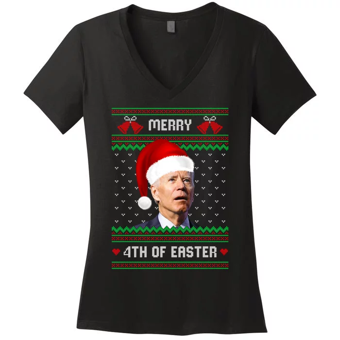 Funny Joe Biden Merry 4th Of Easter Ugly Christmas Sweater Women's V-Neck T-Shirt