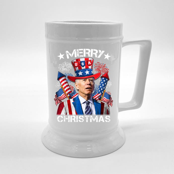 Funny Joe Biden 4th Of July Merry Christmas Firework USA Front & Back Beer Stein