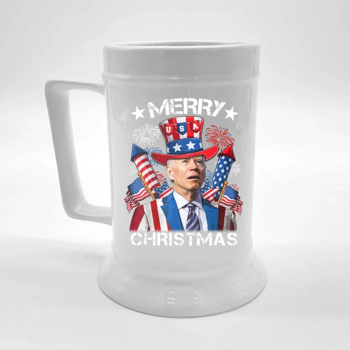 Funny Joe Biden 4th Of July Merry Christmas Firework USA Front & Back Beer Stein