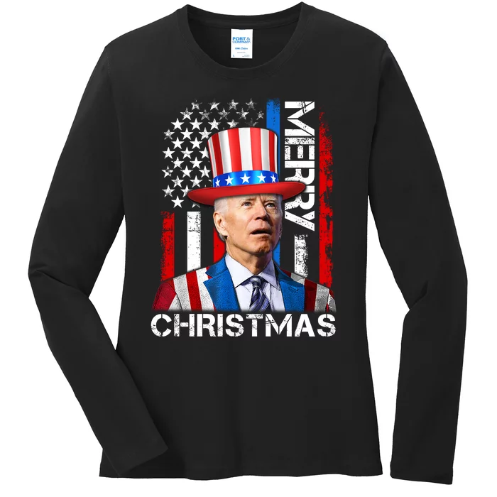 Funny Joe Biden 4th Of July Merry Christmas American Flag Ladies Long Sleeve Shirt