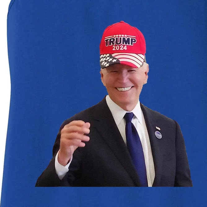 Funny Joe Biden Dons Trump 2024 Cap Wear A Trump Hat Gift Women's Racerback Tank