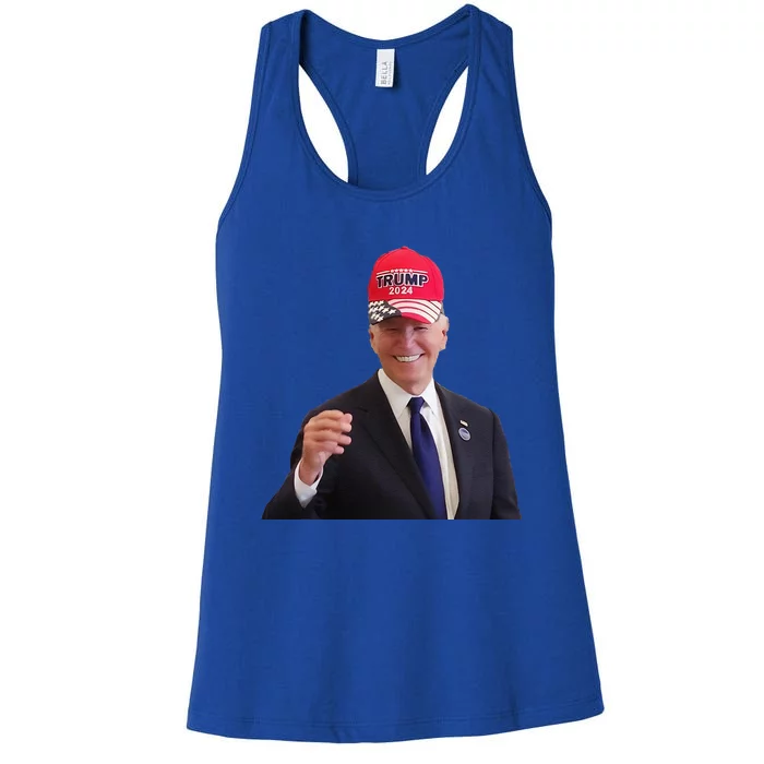 Funny Joe Biden Dons Trump 2024 Cap Wear A Trump Hat Gift Women's Racerback Tank