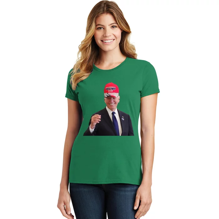 Funny Joe Biden Dons Trump 2024 Cap Wear A Trump Hat Gift Women's T-Shirt