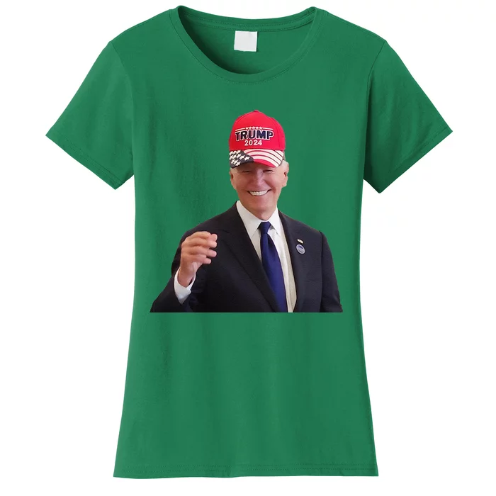 Funny Joe Biden Dons Trump 2024 Cap Wear A Trump Hat Gift Women's T-Shirt