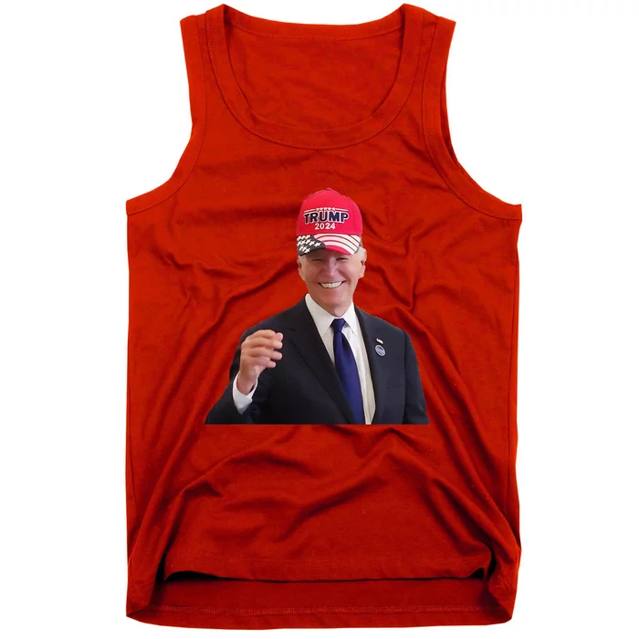 Funny Joe Biden Dons Trump 2024 Cap Wear A Trump Hat Gift Tank Top