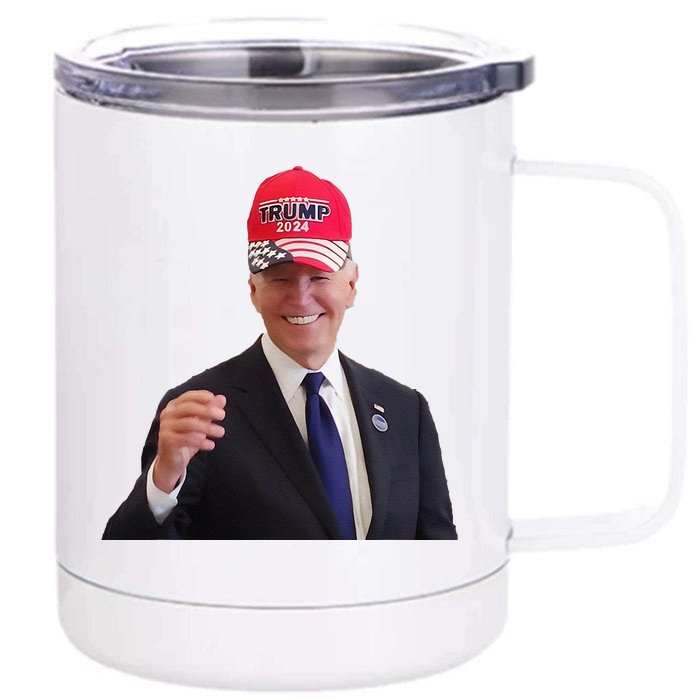 Funny Joe Biden Dons Trump 2024 Cap Wear A Trump Hat Gift Front & Back 12oz Stainless Steel Tumbler Cup