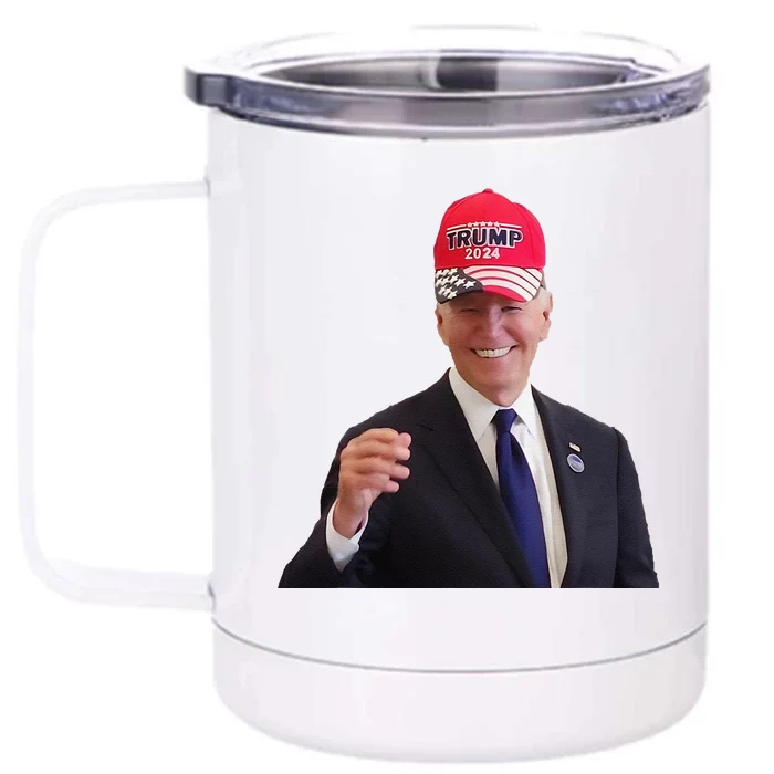 Funny Joe Biden Dons Trump 2024 Cap Wear A Trump Hat Gift Front & Back 12oz Stainless Steel Tumbler Cup