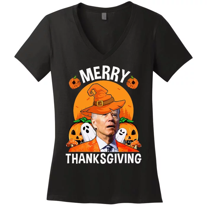 Funny Joe Biden Happy Halloween Merry Thanksgiving Women's V-Neck T-Shirt