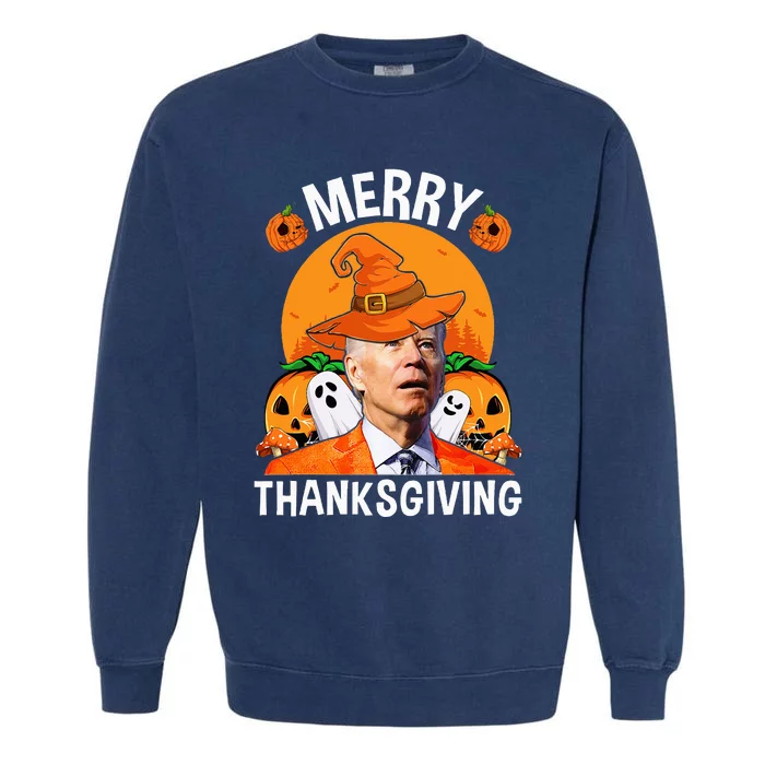 Funny Joe Biden Happy Halloween Merry Thanksgiving Garment-Dyed Sweatshirt