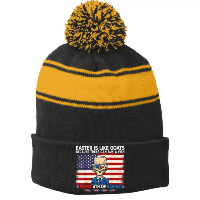 Funny Joe Biden Merry 4th Of Easter Design Fourth Of July Stripe Pom Pom Beanie