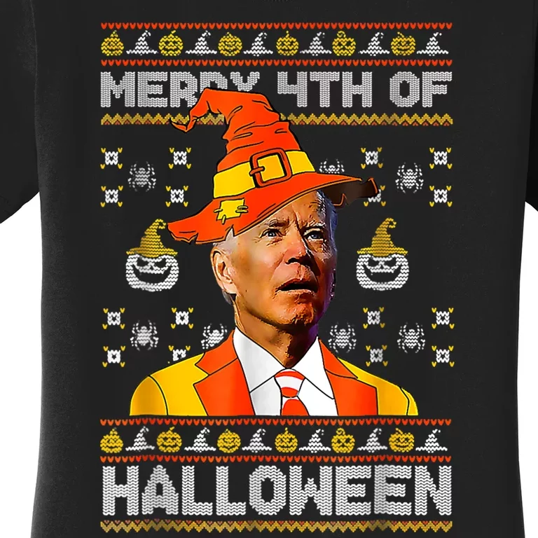 Funny Joe Biden Merry 4th Of Halloween Costume Scary Pumpkin Women's T-Shirt