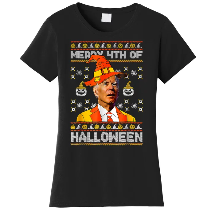 Funny Joe Biden Merry 4th Of Halloween Costume Scary Pumpkin Women's T-Shirt