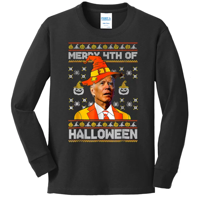 Funny Joe Biden Merry 4th Of Halloween Costume Scary Pumpkin Kids Long Sleeve Shirt