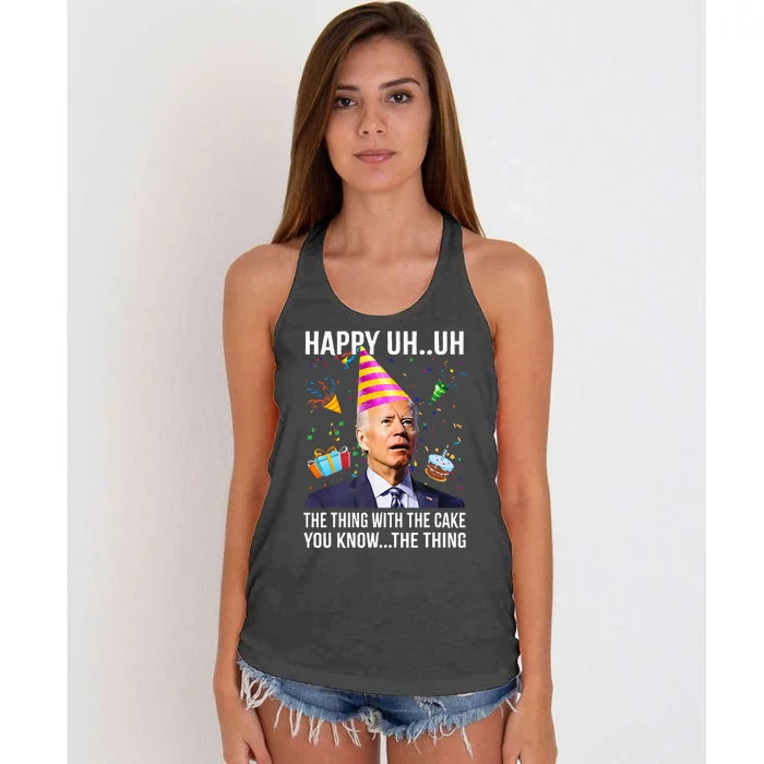 Funny Joe Biden Confused Happy Uh Uh Republican Birthday Women's Knotted Racerback Tank