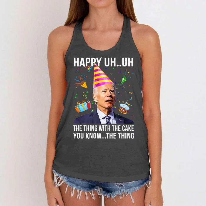 Funny Joe Biden Confused Happy Uh Uh Republican Birthday Women's Knotted Racerback Tank