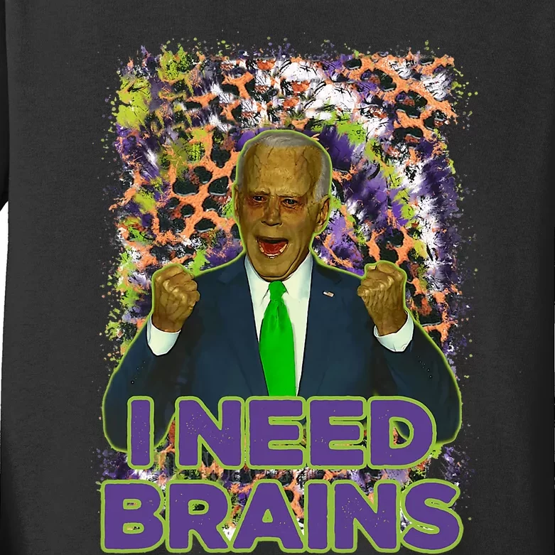 Funny Joe Biden Zombie I Need Brains Anti Liberals Halloween Kids Long Sleeve Shirt