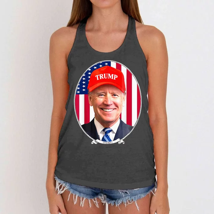 Funny Joe Biden Wearing Hat Trump Women's Knotted Racerback Tank