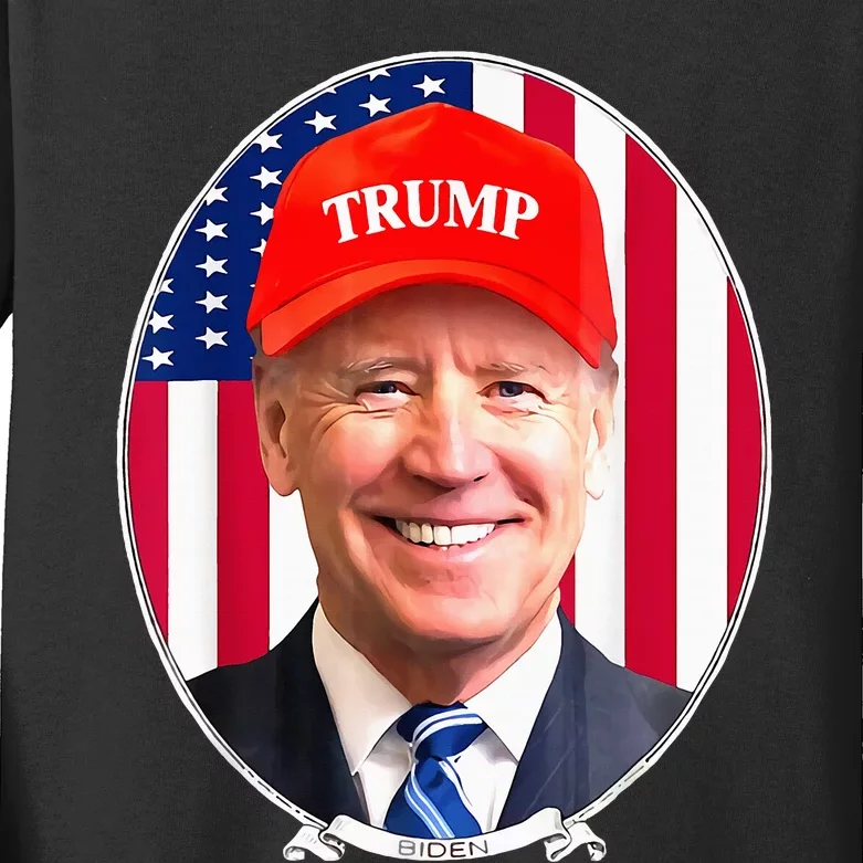 Funny Joe Biden Wearing Hat Trump Kids Long Sleeve Shirt