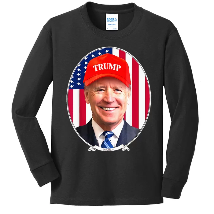 Funny Joe Biden Wearing Hat Trump Kids Long Sleeve Shirt