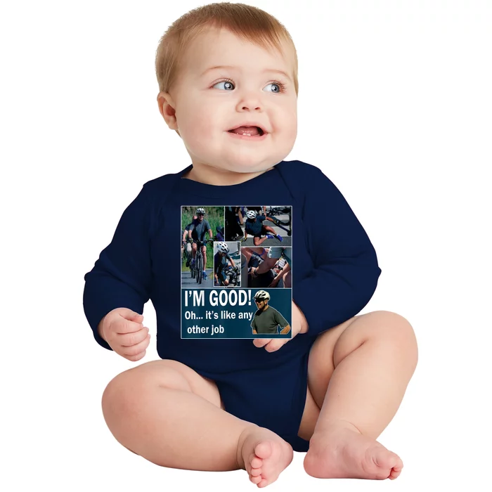 Funny Joe Biden Falling Off Bicycle Bike Meme Baby Long Sleeve Bodysuit