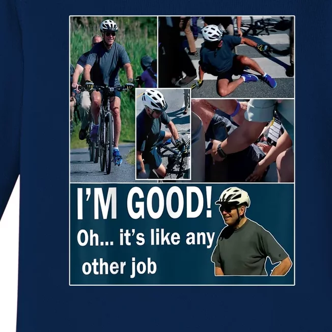 Funny Joe Biden Falling Off Bicycle Bike Meme Baby Long Sleeve Bodysuit