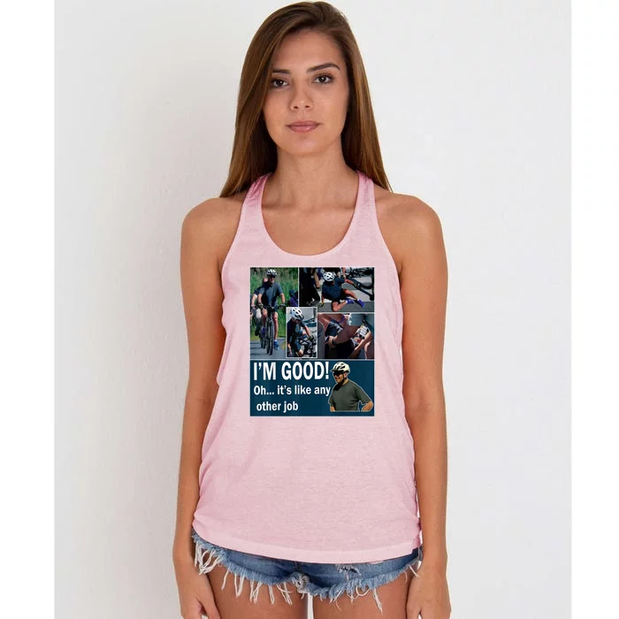 Funny Joe Biden Falling Off Bicycle Bike Meme Women's Knotted Racerback Tank