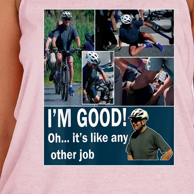 Funny Joe Biden Falling Off Bicycle Bike Meme Women's Knotted Racerback Tank