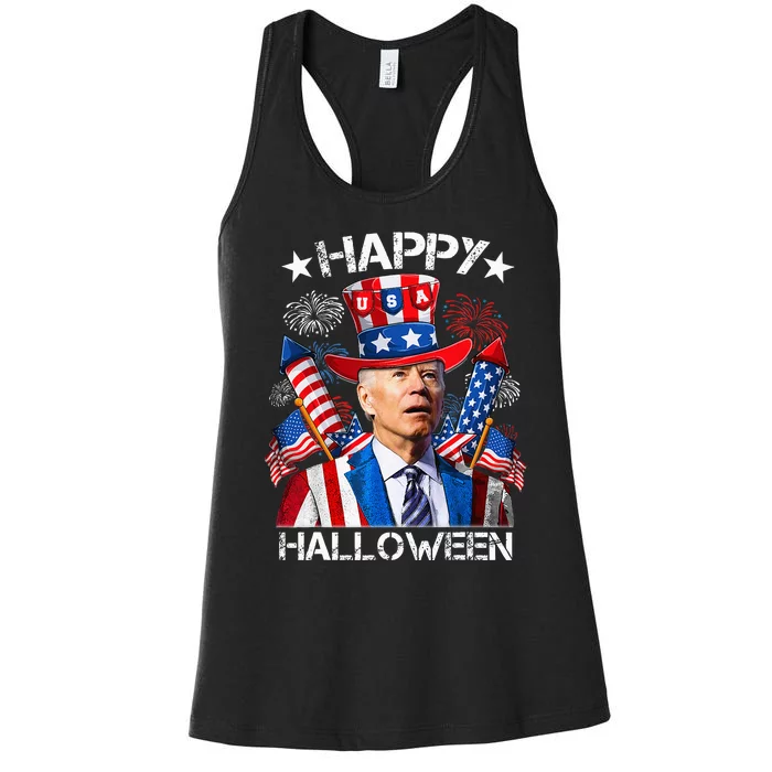 Funny Joe Biden 4th Of July Happy Halloween Firework Women's Racerback Tank