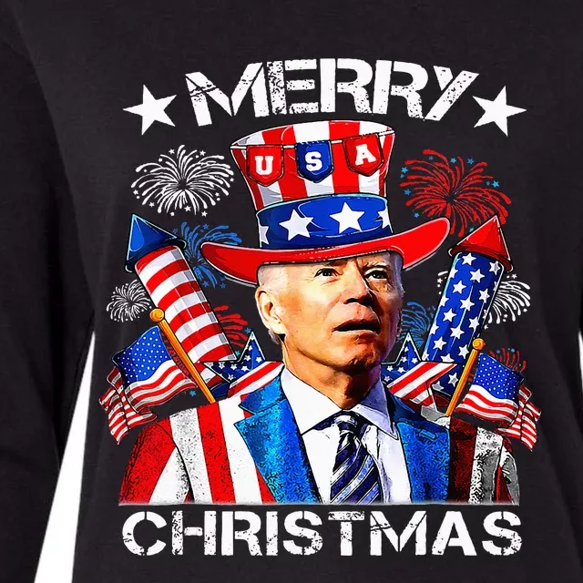 Funny Joe Biden Merry Christmas 4th Of July Firework USA Womens Cotton Relaxed Long Sleeve T-Shirt