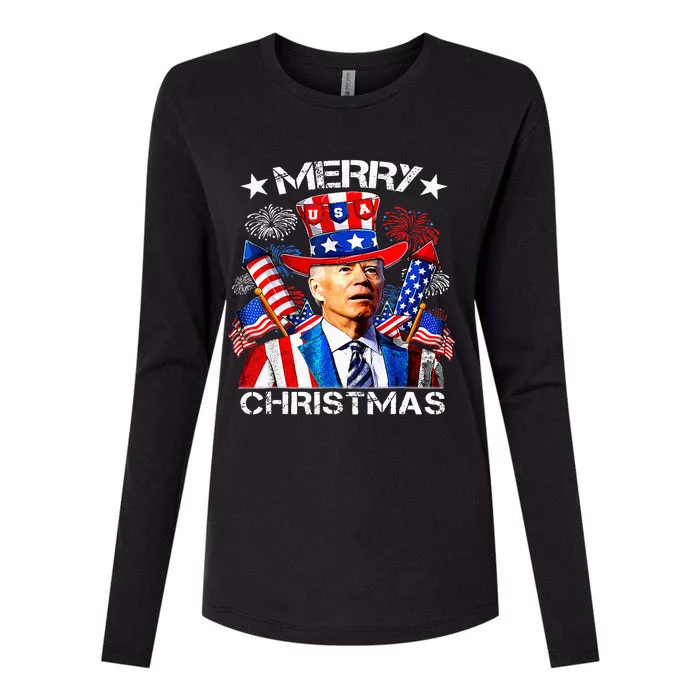 Funny Joe Biden Merry Christmas 4th Of July Firework USA Womens Cotton Relaxed Long Sleeve T-Shirt